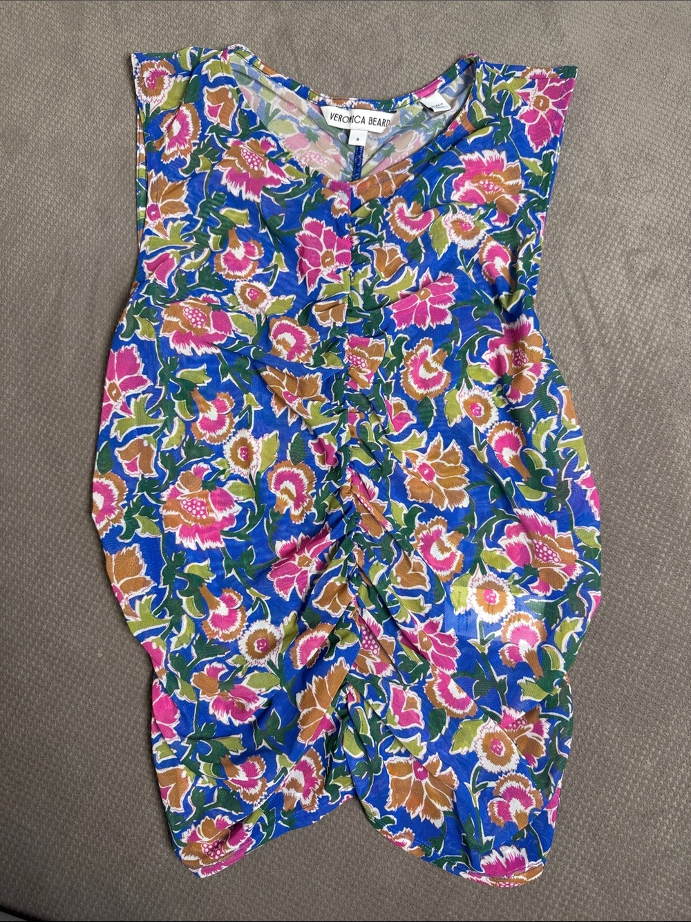 Veronica Beard Royal Blue Floral Rouched Front Mesh Tank